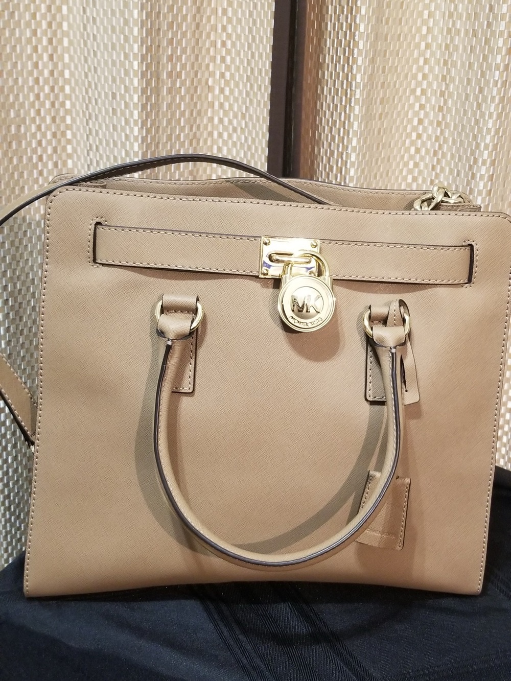 Michael Kors Taupe Saffiano Leather Satchel with Gold-Tone Lock